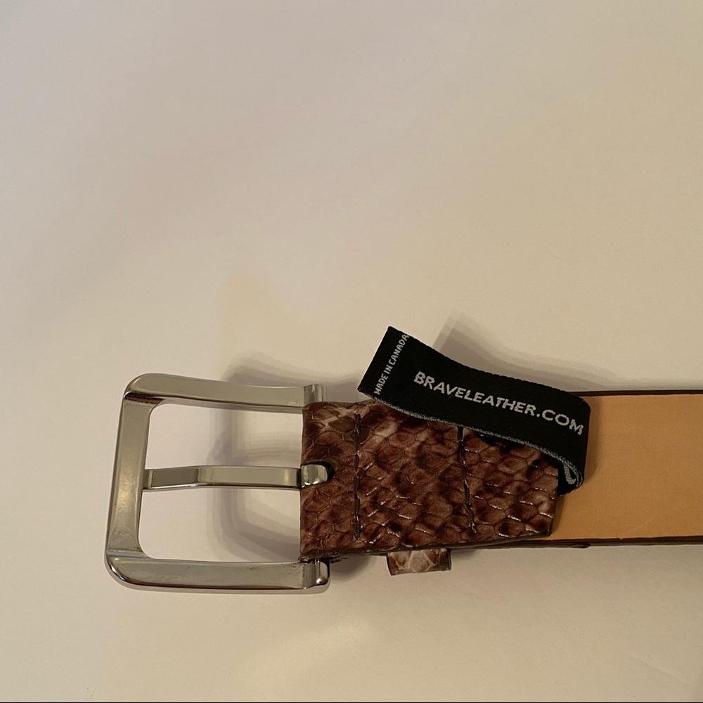 BRAVE LEATHER NEW BELT BROWN CREAM EMBOSSED LEATHER SNAKESKIN LOOK CANADA Size S - Picture 9 of 13